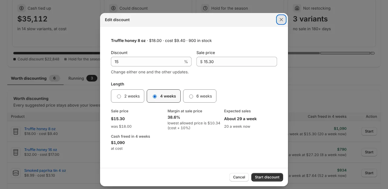 Edit discount dialog with length and margin (example data)