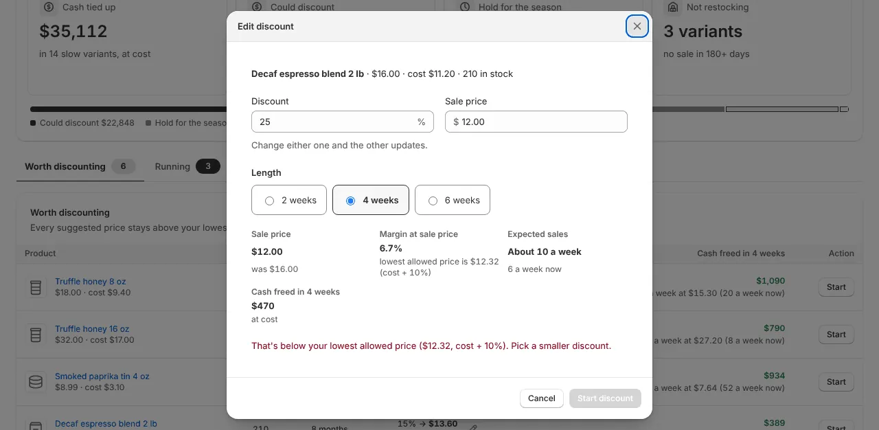 Edit discount dialog stopping a sale price below the lowest allowed price (example data)