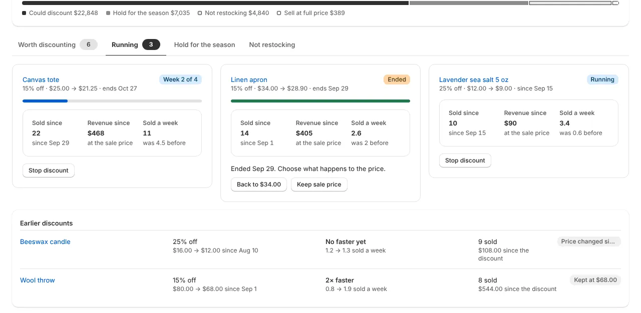 Running discounts and earlier discounts with their results (example data)