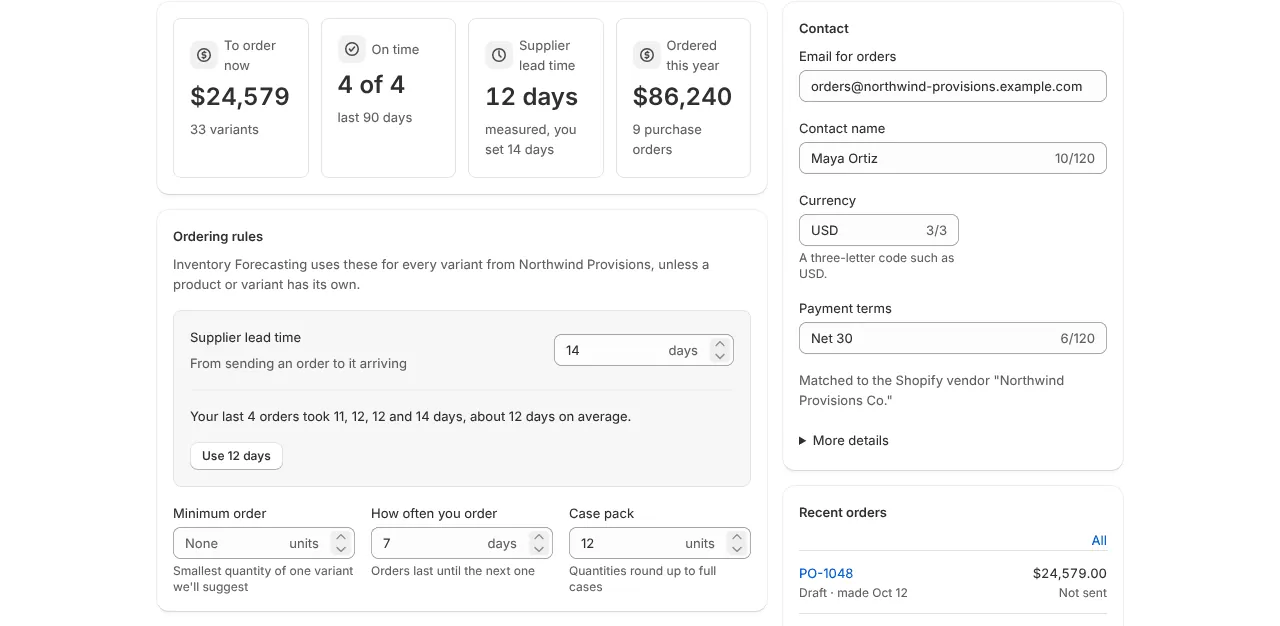 Supplier page with lead time, minimum order, order frequency and case pack (example data)