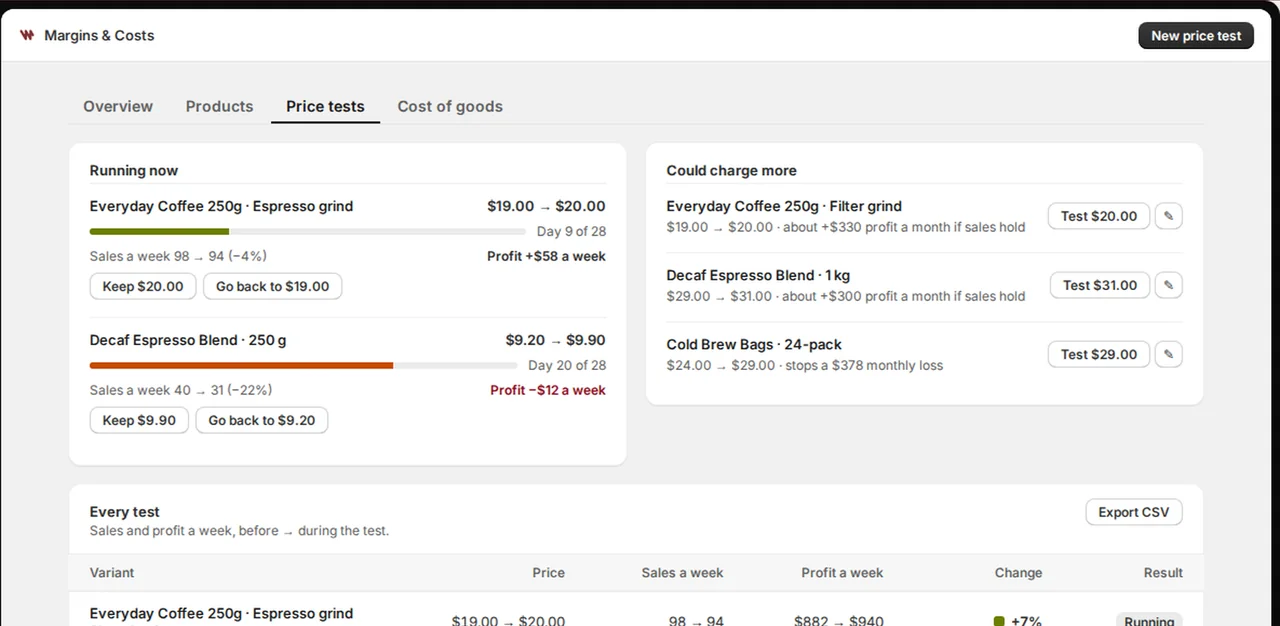 Margins and costs view with product costs, profit and a price test.
