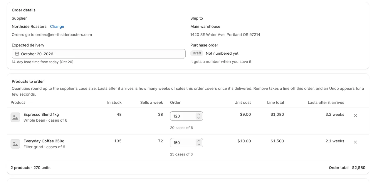 Build order screen with products, case sizes and order total (example data)