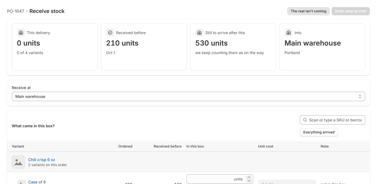 Receive stock: what came in this box, by variant (example data)