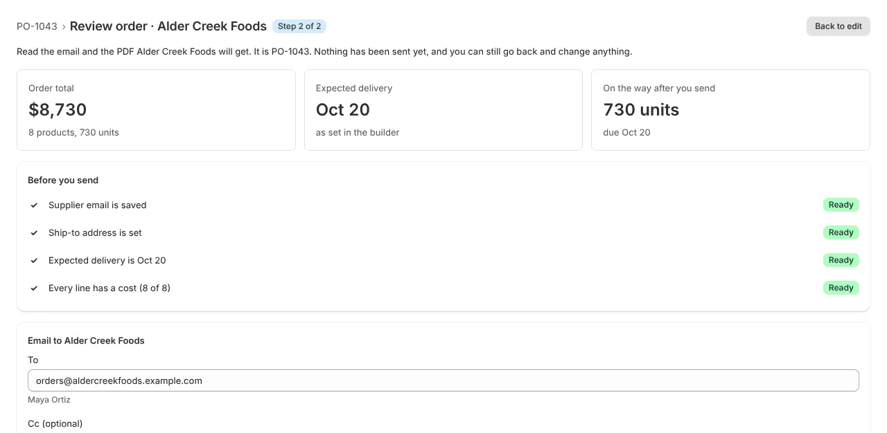 Review order: order total, expected delivery and the checks before you send (example data)