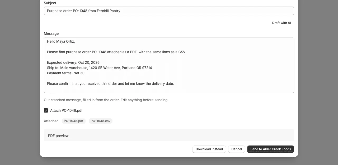 Send purchase order dialog with the message and PDF and CSV attachments (example data)