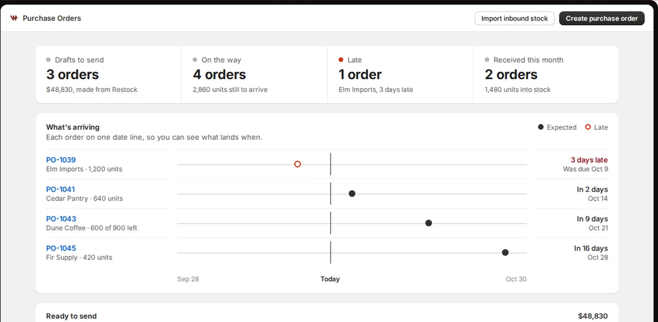 Purchase order list showing supplier orders and delivery statuses.