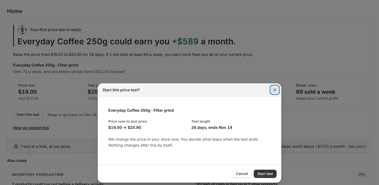 Start this price test? confirm dialog (example data)