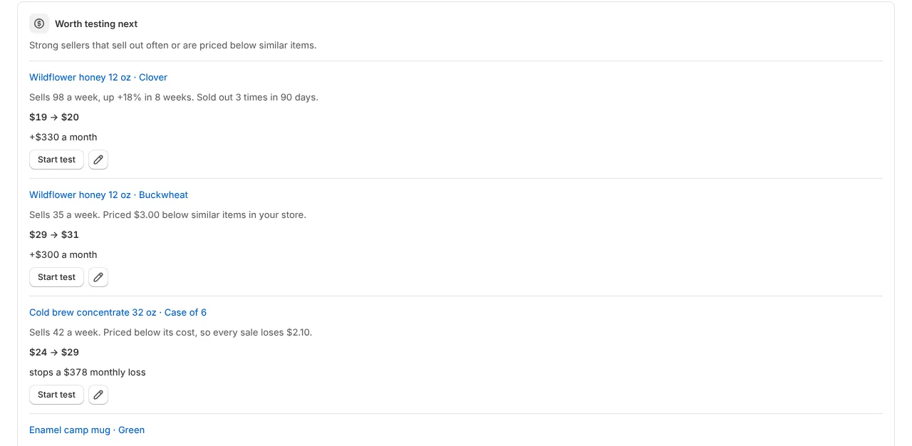 Worth testing next: suggested prices with the extra profit a month (example data)
