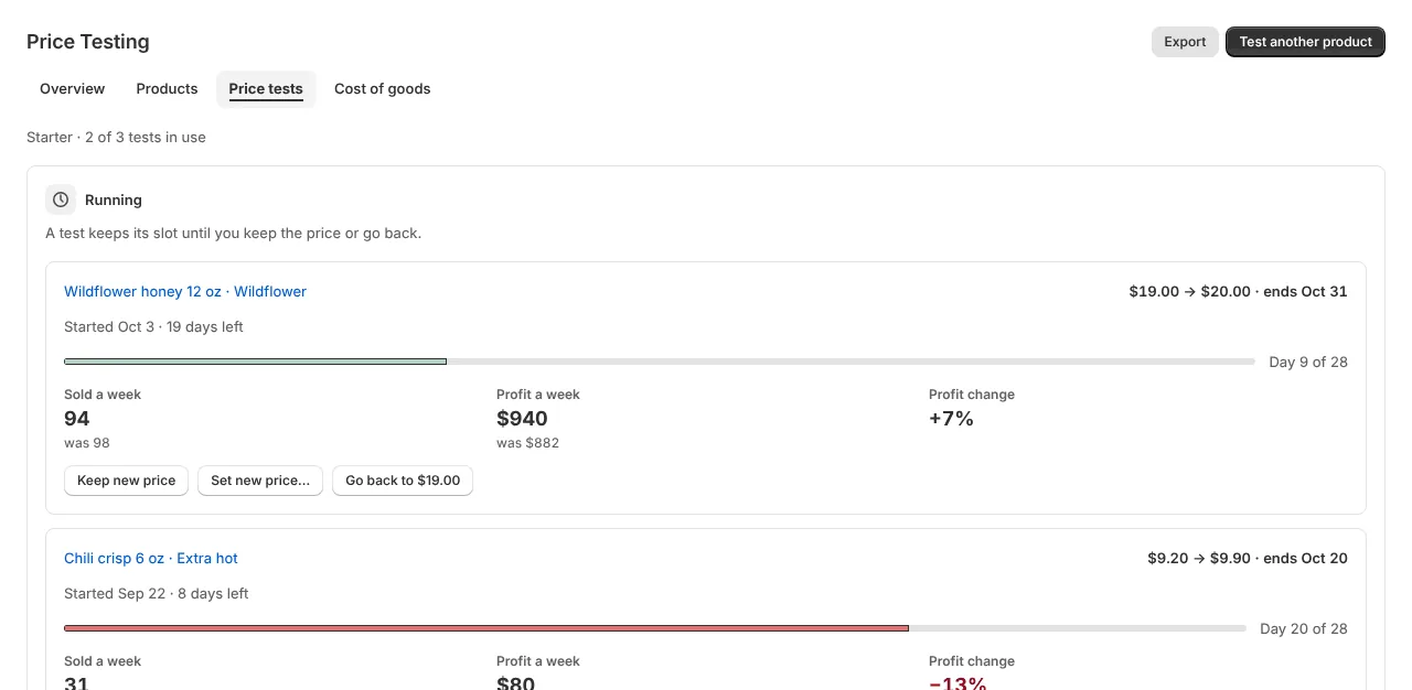 Stock Perfect Price tests page with two running tests (example data)