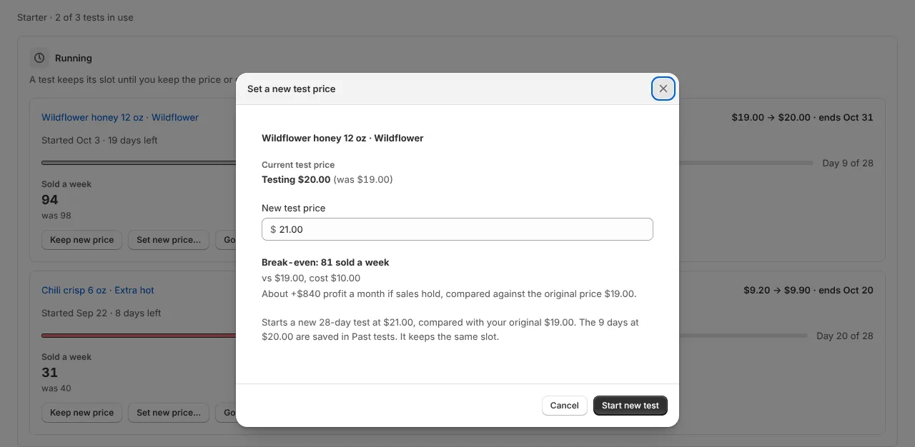 Set a new test price dialog with the new break-even (example data)