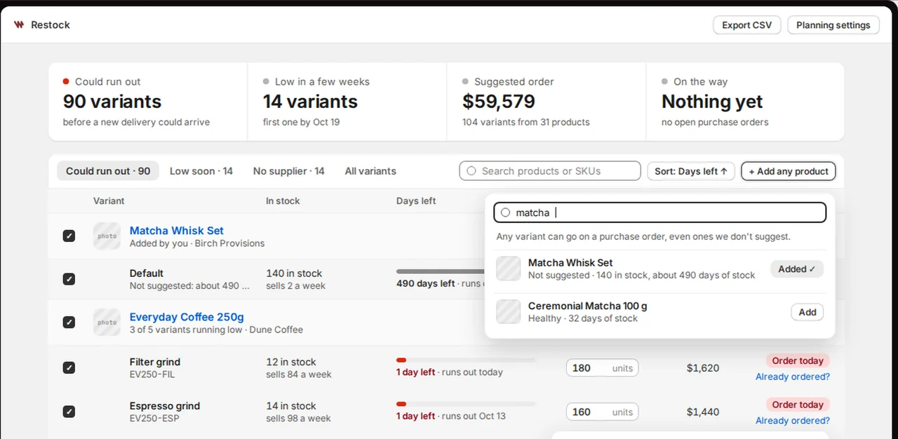 Restock list showing order quantities, supplier groups and stock coverage.