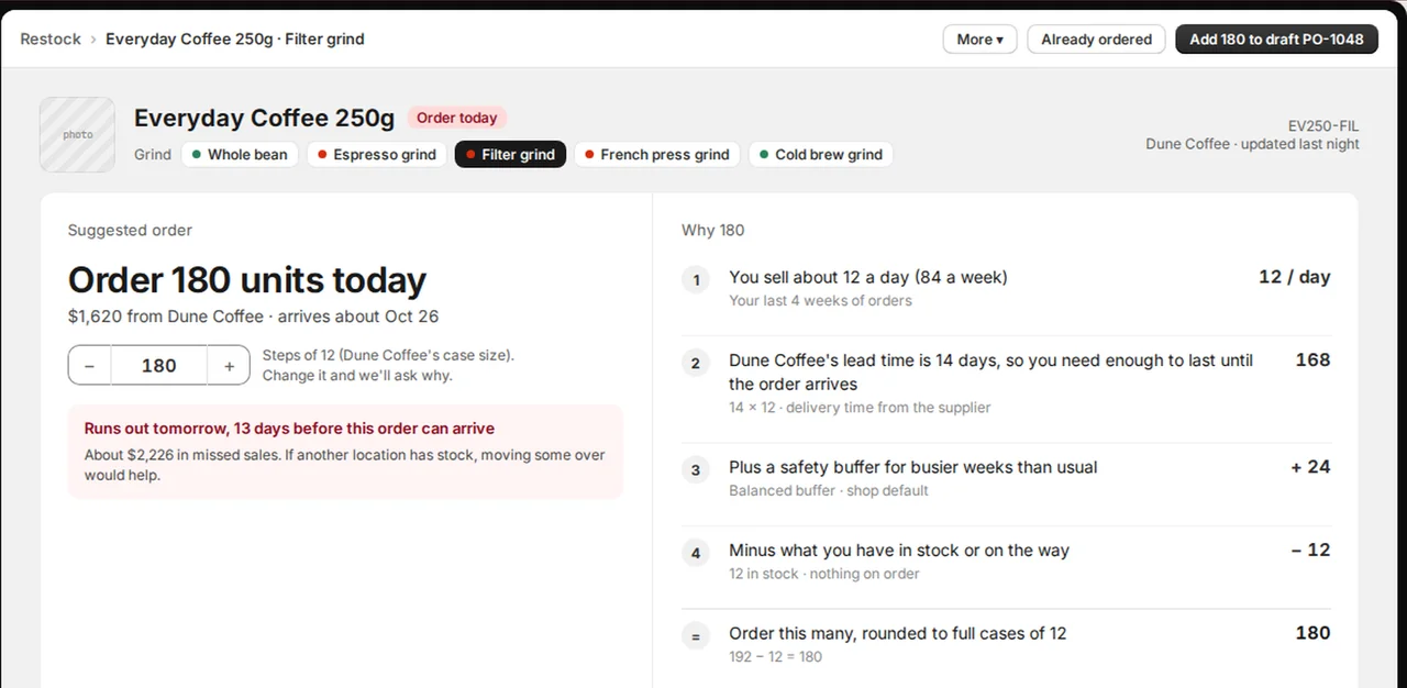 A reorder suggestion alongside the calculation explaining its quantity.